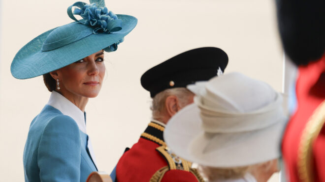 Kate Middleton, the Princess of Wales at Horse Guards Parade during Trooping The Colour 2025 on June 14, 2025, in London, England. Trooping The Colour is a ceremonial parade celebrating the official birthday of the British Monarch. The event features over 1,400 soldiers and officers, accompanied by 200 horses. More than 400 musicians from ten different bands and Corps of Drums march and while performing. (John Phillips/Getty Images/TNS)